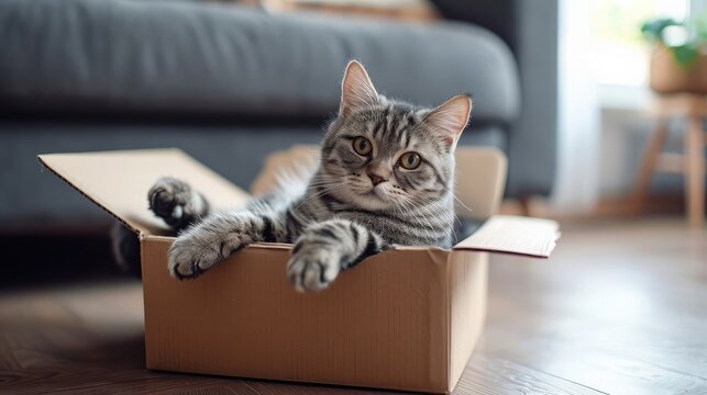 Cute grey tabby cat in cardboard box on floor at home 