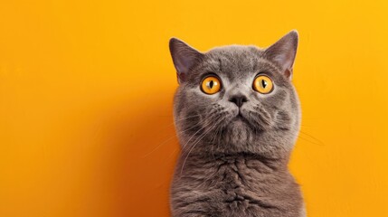 funny british shorthair cat portrait looking shocked or surprised on orange background with copy space - obrazy, fototapety, plakaty
