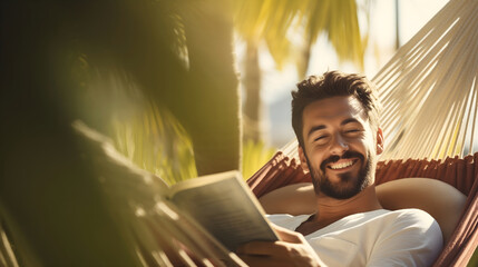Happy resting in a hammock swing, reading a book, male outdoors beach relaxation. Exotic palm trees, leisure time activities, sunny summer day at the beach paradise island waterside - obrazy, fototapety, plakaty