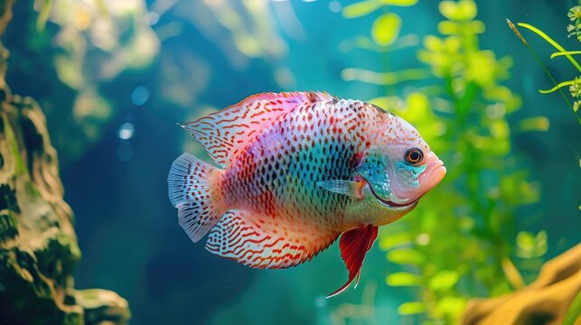 Flowerhorn Cichlid Colorful fish swimming in Aquarium deep blue freshwater fish tank. Flower horn fishes are ornamental fish that symbolizes the luck of feng shui in the home of the Asian people 