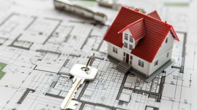 The close up image of a tiny architectural house 3d model isolated on a blueprint or layout plan design with keys