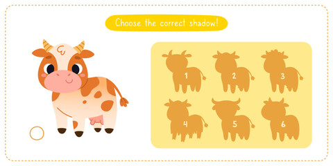 Mini game with cute cow for kids. Find the correct shadow of cartoon cow. Brainteaser for children.