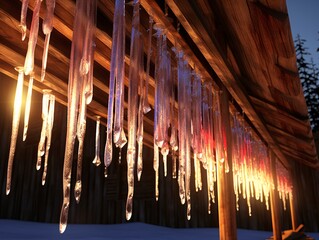 Crystal-like icicles hanging from a wooden structure Generative AI