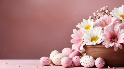  pink Easter eggs in a wooden basket with pink background.