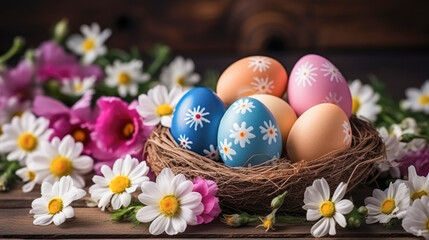 colorful Easter eggs in a wooden basket with flower decorations.
