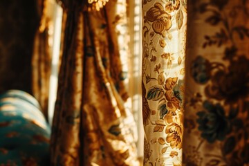 Close-up view of a curtain with a couch in the background. Versatile image suitable for home decor, interior design, or real estate themes