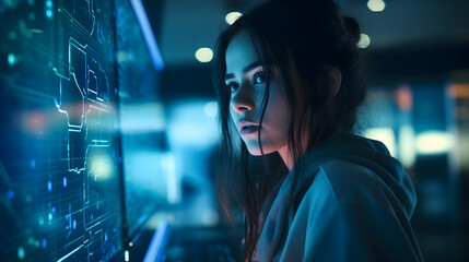 Beautiful young lady, girl looking at the business schemes on the digital screen or hologram display in modern office interior at night. Infographics and analytics, algorithm layout, blue map