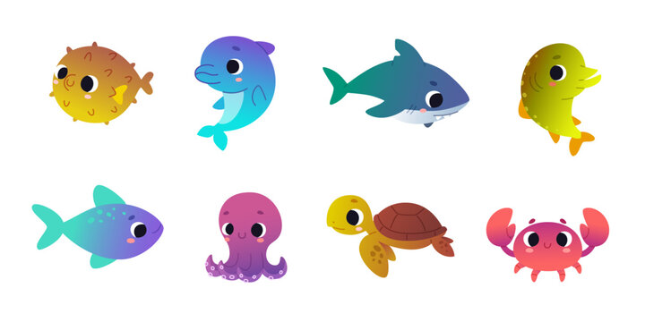 Cartoon underwater baby animals set. Vector collection of cute sea creatures for kids.