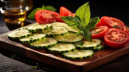 Sliced zucchini and cherry tomatoes on a wooden kitchen board, soft diffused light, f 5.6 macro lens