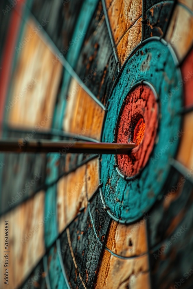 Poster A close-up view of a dart perfectly hitting the bullseye target. Ideal for illustrating precision, accuracy, and success in various contexts