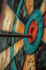 A close-up view of a dart perfectly hitting the bullseye target. Ideal for illustrating precision, accuracy, and success in various contexts - obrazy, fototapety, plakaty