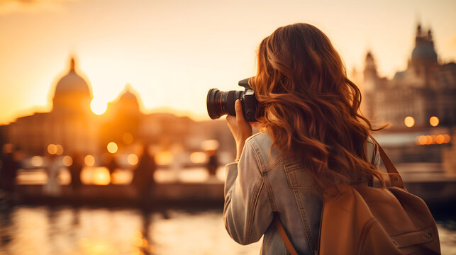 Young woman with curly hair holding a black camera device, taking a photo or a picture of a town or city buildings at the summer sunset. Female professional photographer work, tourist travel
