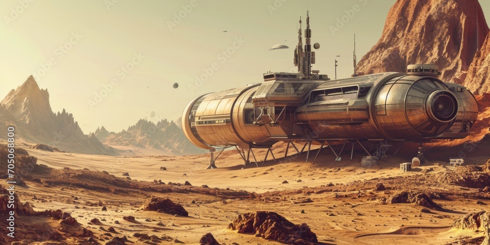 Aufkleber a futuristic space station standing alone in the middle of a vast desert. this image can be used to 