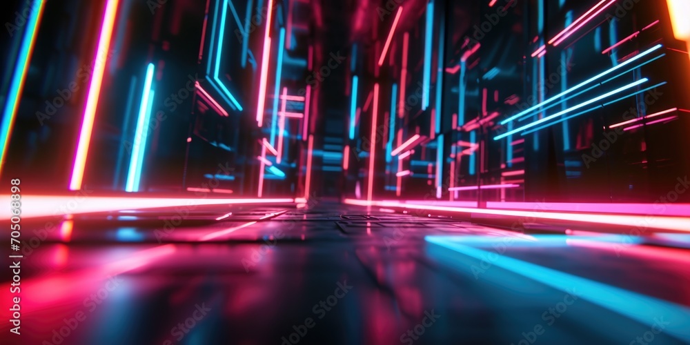 Poster a dimly lit room filled with vibrant neon lights. perfect for creating a futuristic or edgy atmosphe