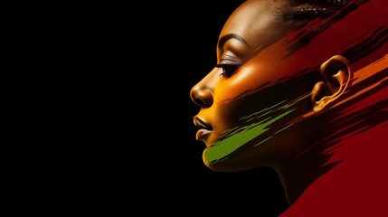 Black History Month background. African-American woman face in profile over red yellow green black colors background. Juneteenth freedom day. Racial equality, freedom, human rights day.