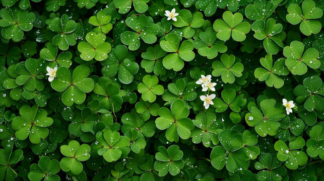 Dew-kissed green clover leaves with delicate white flowers interspersed throughout