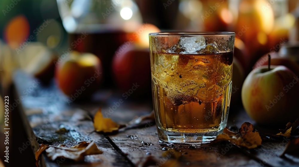 Poster glass filled with liquid sitting on top of a wooden table. versatile image suitable for various purp