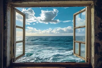 A tranquil view through an open window showcasing an expansive seascape, where the deep blue waves meet the sky in a gentle caress