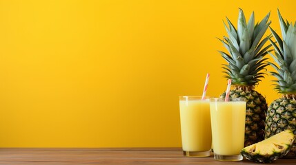 Refreshing pineapple juice in glass on wooden table with soft yellow background for text placement - obrazy, fototapety, plakaty