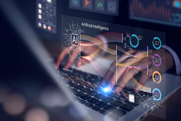 AI (Artificial intelligence) growing concept. Businessman hand use laptop with chatbot analytics information trends technology. Business link digital marketing. Big data. - obrazy, fototapety, plakaty