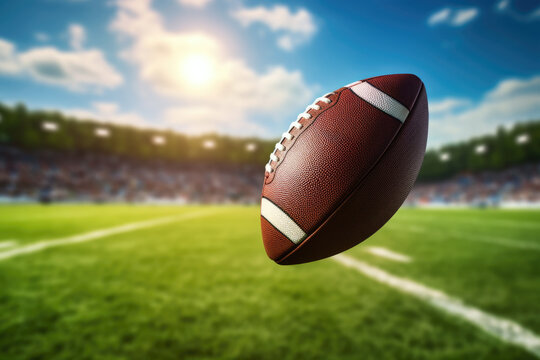 Football Soaring in the Air: Up-close image capturing the majestic flight of an American football against the football field backdrop