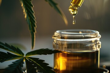 Suspended oil droplet on a pipette's edge, poised to descend into an open jar with dark oil drops. Partially visible cannabis leaf on the left