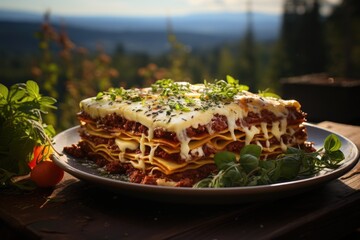Lasagna at a family Sunday lunch with vineyards and green hills around., generative IA