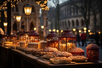 Panettone in a Christmas market in Milan, with decorated trees and carousels., generative IA