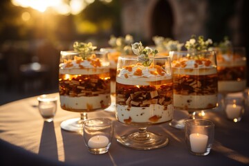 Panna Cotta in a marriage celebration in a Tuscan vineyard, with elegance and happiness in the air., generative IA - obrazy, fototapety, plakaty
