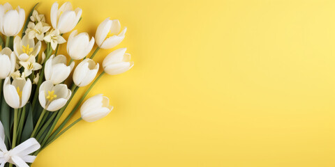 Bunch of tulips, holiday gift box on a yellow background. There is empty space on the side of the photo for text and advertising. Holiday banner.Flat lay. Top view