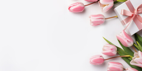 Bunch of tulips, holiday gift box on a white background. There is empty space on the side of the photo for text and advertising. Holiday banner.Flat lay. Top view