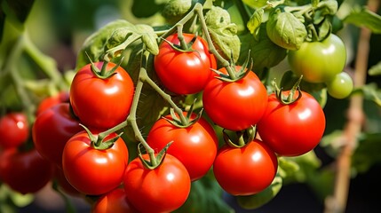Vibrant red tomatoes in greenhouse with lush foliage, varying ripeness, and natural light - obrazy, fototapety, plakaty