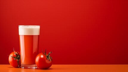 Tomato juice in glass on wooden table with red background, creating a vibrant and inviting scene