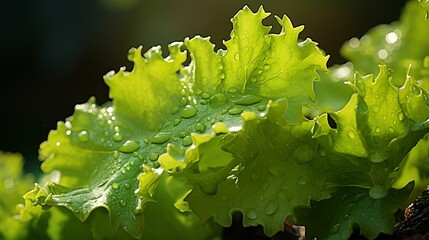 Vibrant green lettuce leaves with water droplets in sunlight   macro shot with canon eos r