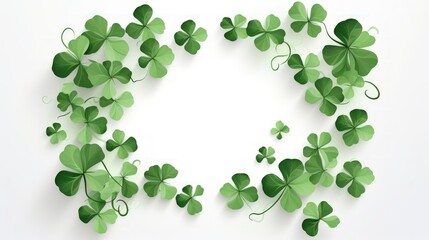Happy Saint Patrick's Day with green shamrocks clover leaf on white background. AI generated image
