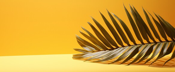 A close-up of a palm leaf on a yellow background Generative AI