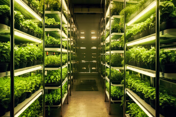 Vertical beds in home greenhouse with plant lighting. A dynamic stock photo illustrating innovative gardening for efficient and thriving plant growth