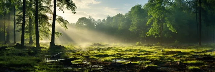 Photo sur Aluminium Matin avec brouillard Spring landscape: green trees in the forest near a meadow with green grass in the morning in light fog during sunrise