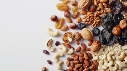 Healthy Indulgence Vibrant Dried Fruits and Nuts Arranged on a White Background, a Visual Feast of Nutrition