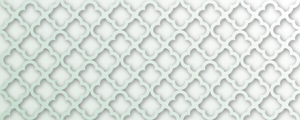 Islamic Ornament Vector. White soft green background. Light shadow 3d ramadan eid arabic geometric pattern elements motif.