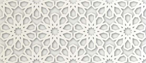 Islamic Ornament Vector. White soft grey background. Light shadow 3d ramadan eid arabic geometric pattern elements motif. - obrazy, fototapety, plakaty