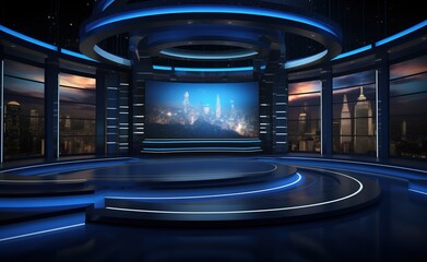 news studio set with glimmering lights and couches - obrazy, fototapety, plakaty