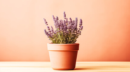 Lavender in a clay pot, close-up. A serene stock photo capturing the beauty of summer flowers, perfect for tranquil and natural concepts