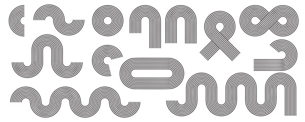 Geometric lines zen patterns. Abstract black arches and shapes. Balance figures with linear outline strokes design. Nordic boho minimal organic drawings and aesthetic retro prints. © Chorna_L