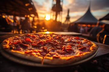 Pizza de Pepperoni at a music festival in Verona, with a historic arena as a scenario., generative...