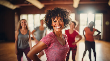 Middle-aged women enjoying a fun class in a dance sports group, expressing their active lifestyle through Zumba, and in front of them all is one woman who smiles genuinely, radiating health - obrazy, fototapety, plakaty