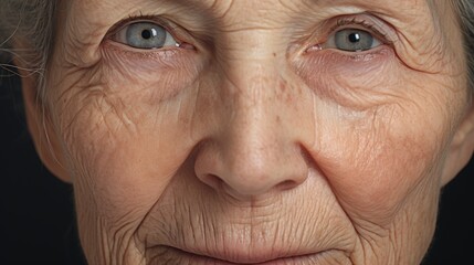 Portrait closeup old grandma's or grandmother face with wrinkles skin. AI generated image - obrazy, fototapety, plakaty