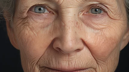 Fotobehang Portrait closeup old grandma's or grandmother face with wrinkles skin. AI generated image © Leafart