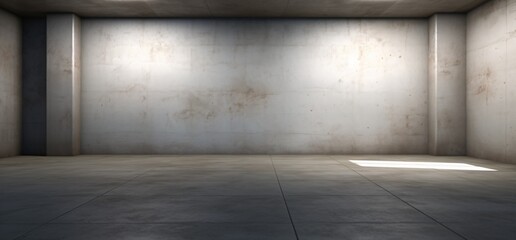 A large, empty room with a concrete wall and a single window Generative AI