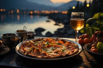 Pizza Margherita in a restaurant by the lake in Garda, with reflections on the water and mountains., generative IA - obrazy, fototapety, plakaty